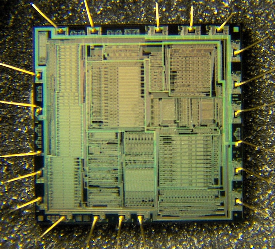 Decapsulated Yamaha YM3812 OPL2 chip under a microscope, showing the silicon die and its gold bond wires