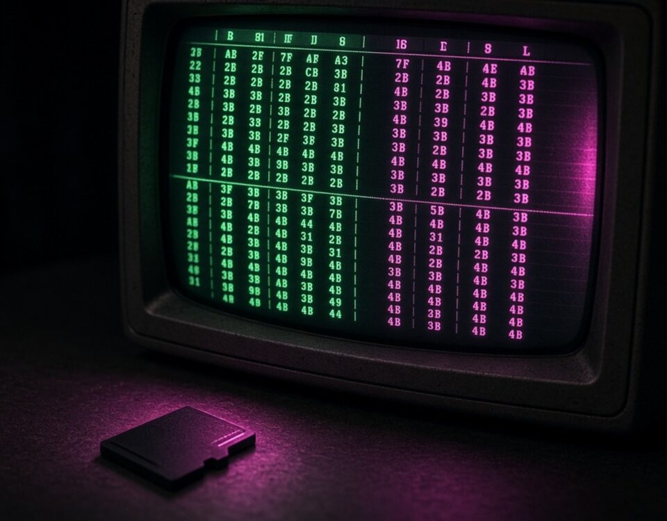 Old CRT monitor showing tracker pattern columns with a microSD card on the desk