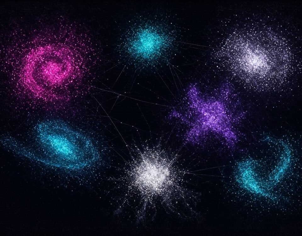 Seven glowing clusters of points like galaxies, an abstract map of Sega Genesis FM presets