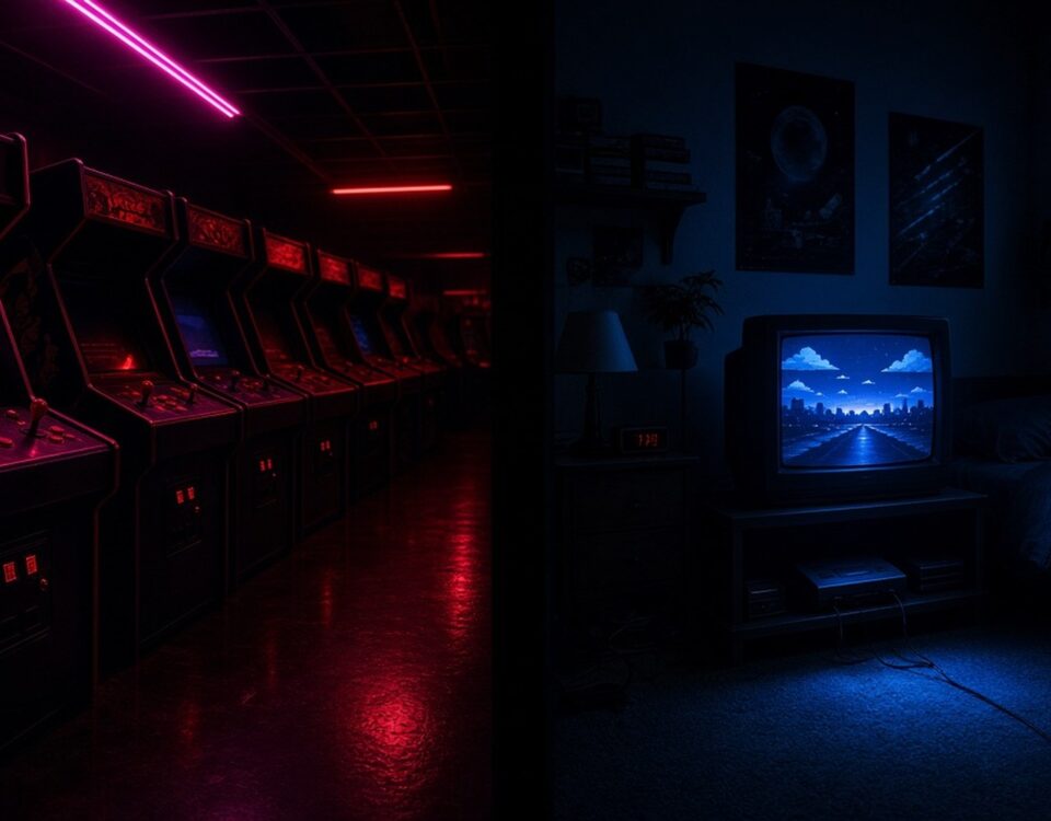 Dark retro arcade with glowing cabinets on one side and a 90s bedroom with a home console and CRT TV on the other
