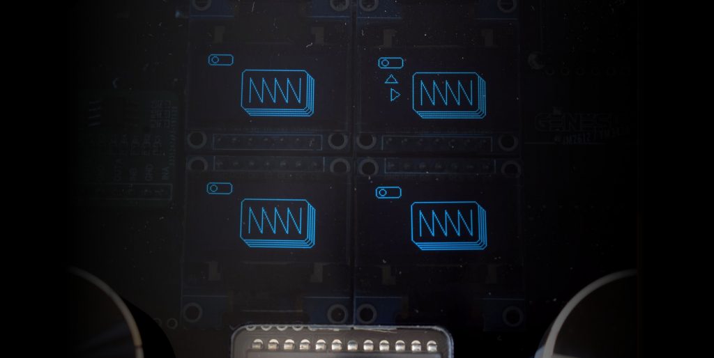 The four blue OLED operator displays of the DAFM synth GENESIS YM2612 / YM3438 glowing in the dark